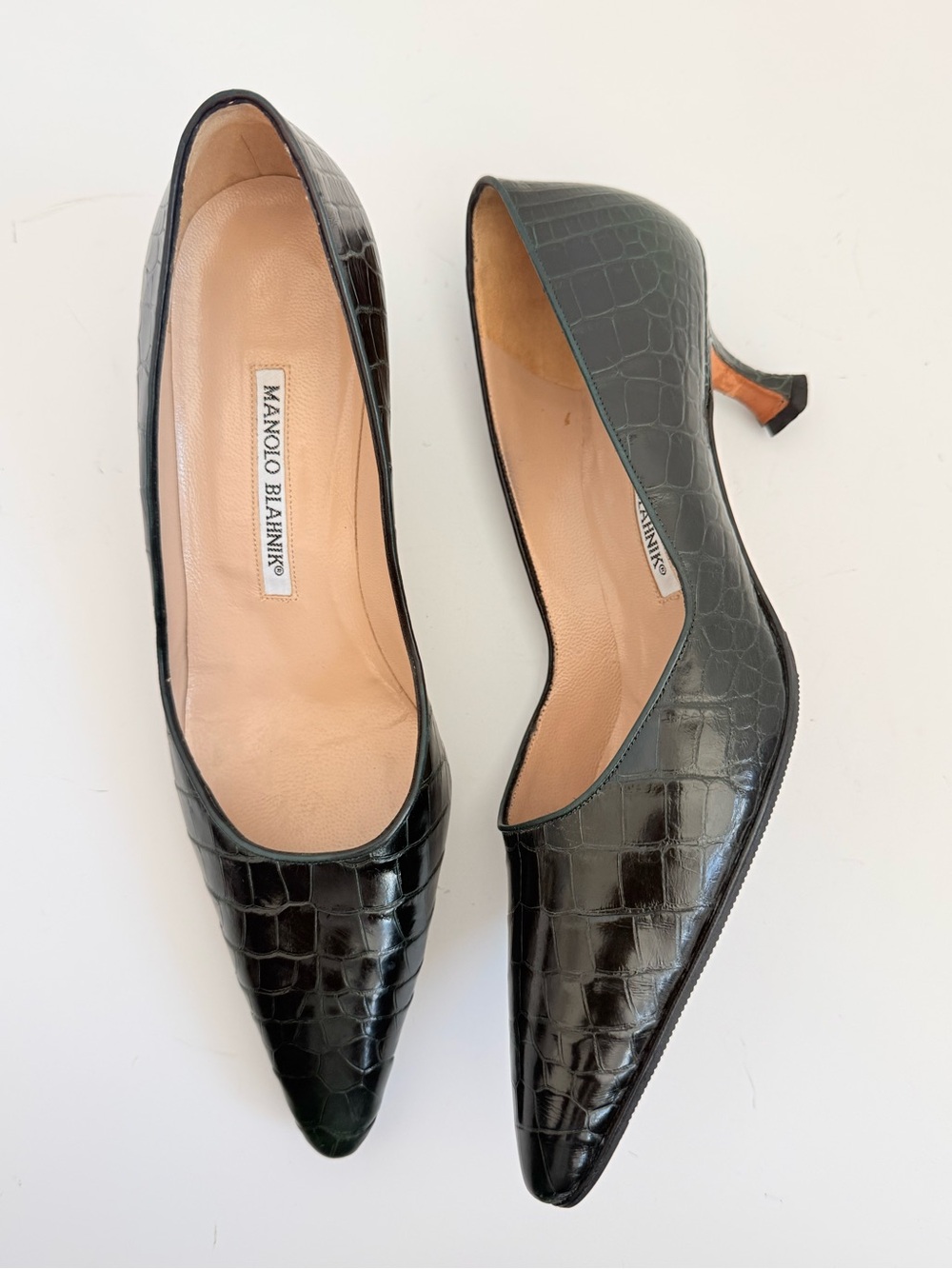 Vintage Manolo Blahnik Dark Forest Green Alligator Crocodile Kitten Pumps 37.5